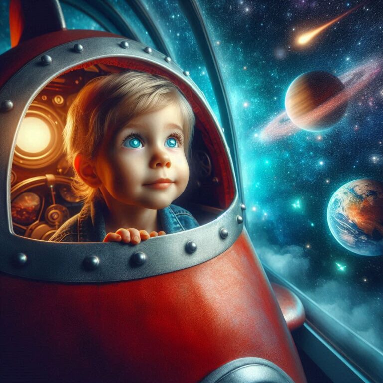 dziecko w rakiecie spoglądające na gwiazdy